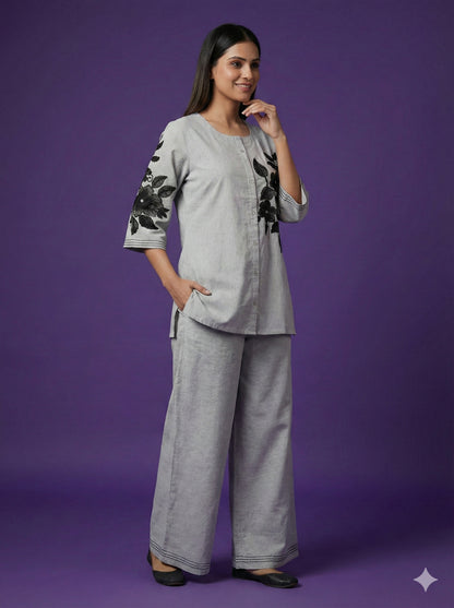 Grey Round Neck Cotton Co-ord Set