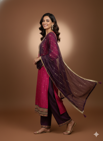 Pink Round Neck Silk Kurta Set with Dupatta