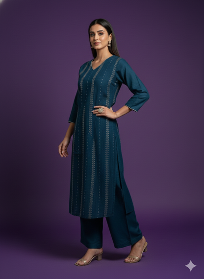 Blue Round V-Neck Silk Kurta Set with Dupatta