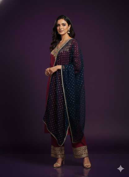 Mulberry V-Neck Kurta Set with Dupatta