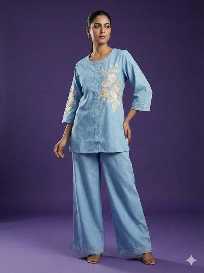 Blue Round Neck Cotton Cord Set