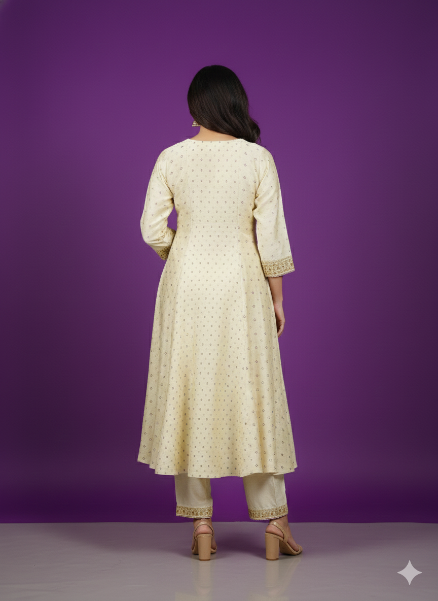 Ivory V-Neck Silk Kurta Set with Dupatta