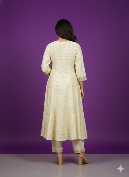 Ivory V-Neck Silk Kurta Set with Dupatta