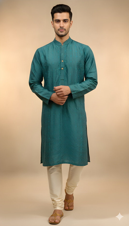 Green Mandarin Silk Kurta
