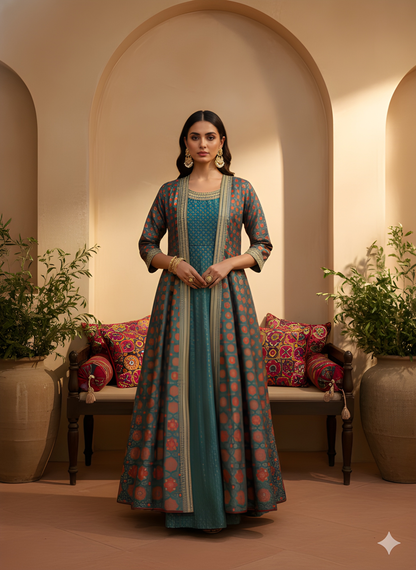 Green Round Neck Silk 2PCS Set