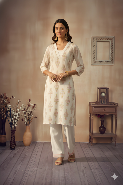 White Deep V Neck Silk Kurta