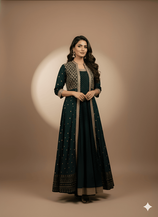 Span Green Round Neck Silk 2 PCS Set