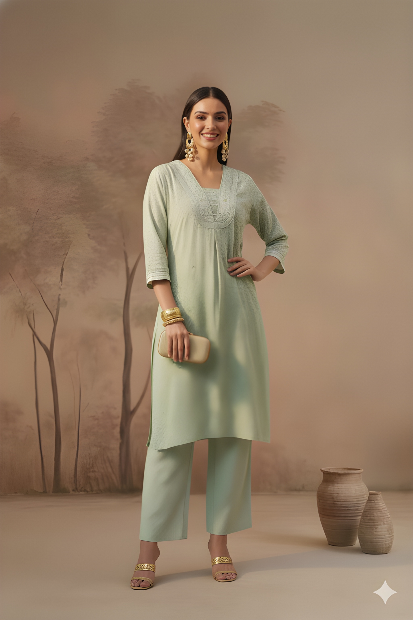 Green V Neck Silk Co-ords Set