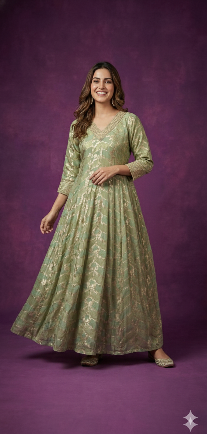 Green V-Neck Viscose Kurta Set with Dupatta