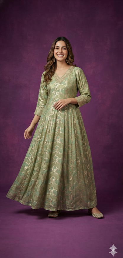 Green V-Neck Viscose Kurta Set with Dupatta