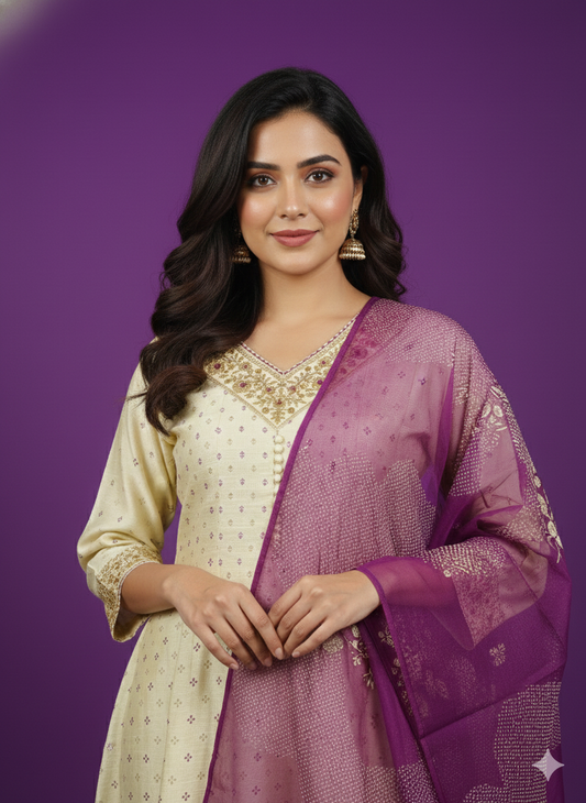 Ivory V-Neck Silk Kurta Set with Dupatta
