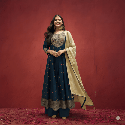 Blue round Neck Viscose Kurta Set with Dupatta