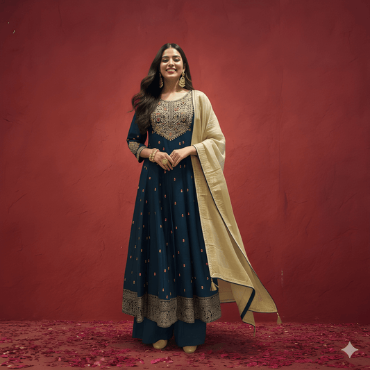 Blue round Neck Viscose Kurta Set with Dupatta