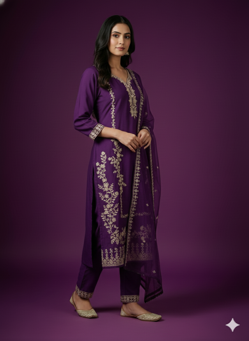 Purple Deep V-Neck Rayon Kurta Set with Dupatta