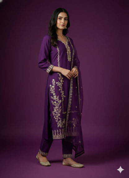 Purple Deep V-Neck Rayon Kurta Set with Dupatta