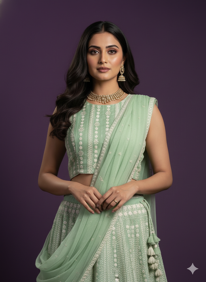 Green Round Neck Silk 3PCS Set