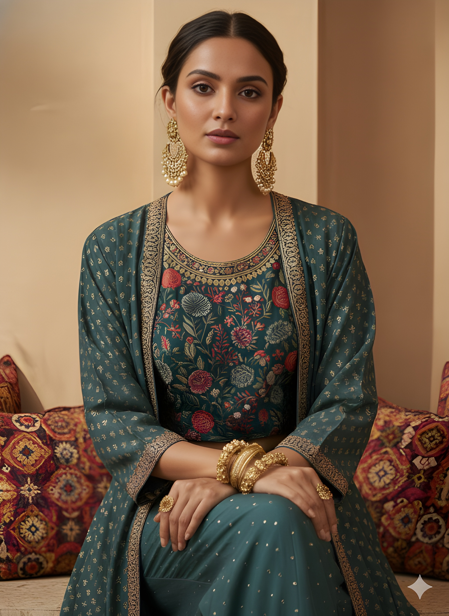 Span Green Round Neck Silk 3PCS Set