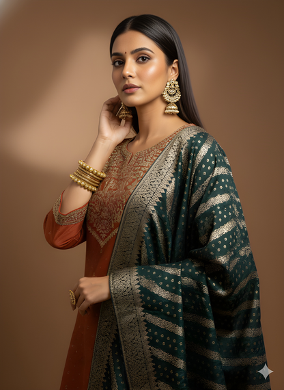 Brown Round V Neck Silk Kurta Set with Dupatta