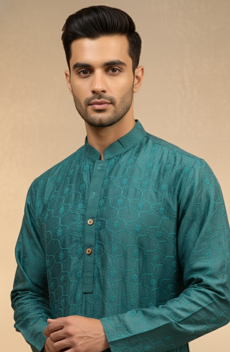 Green Mandarin Silk Kurta