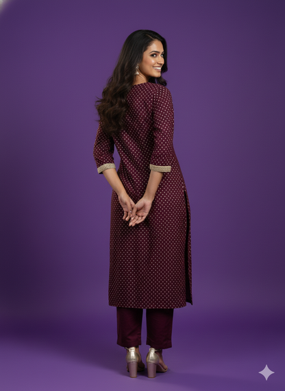 Purple Round V-Neck Kali Kurta Set with Dupatta