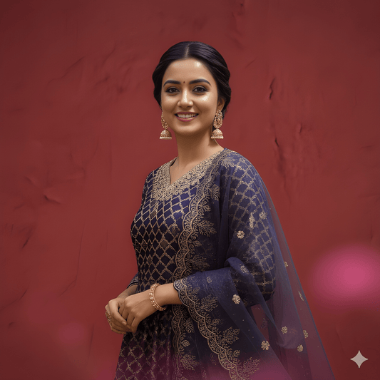 Purple V Neck Silk Kurta Set with Dupatta