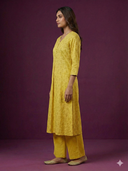Span Yellow V Neck Cotton Casual Kurta