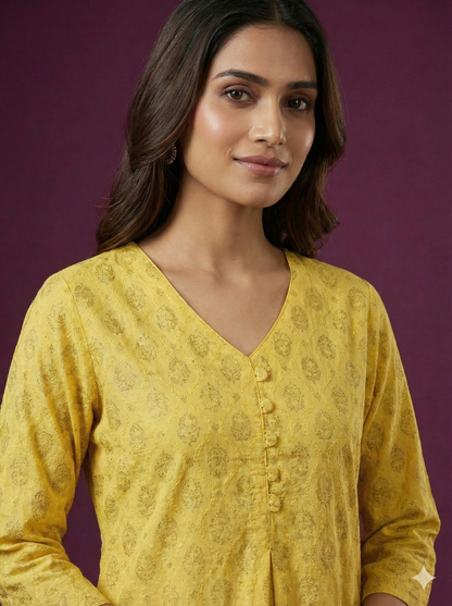 Span Yellow V Neck Cotton Casual Kurta
