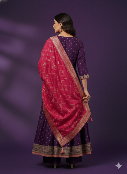 Purple V-Neck Silk Kurta Set with Dupatta