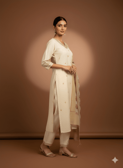 Ivory V Neck Cotton Kurta Set with Dupatta