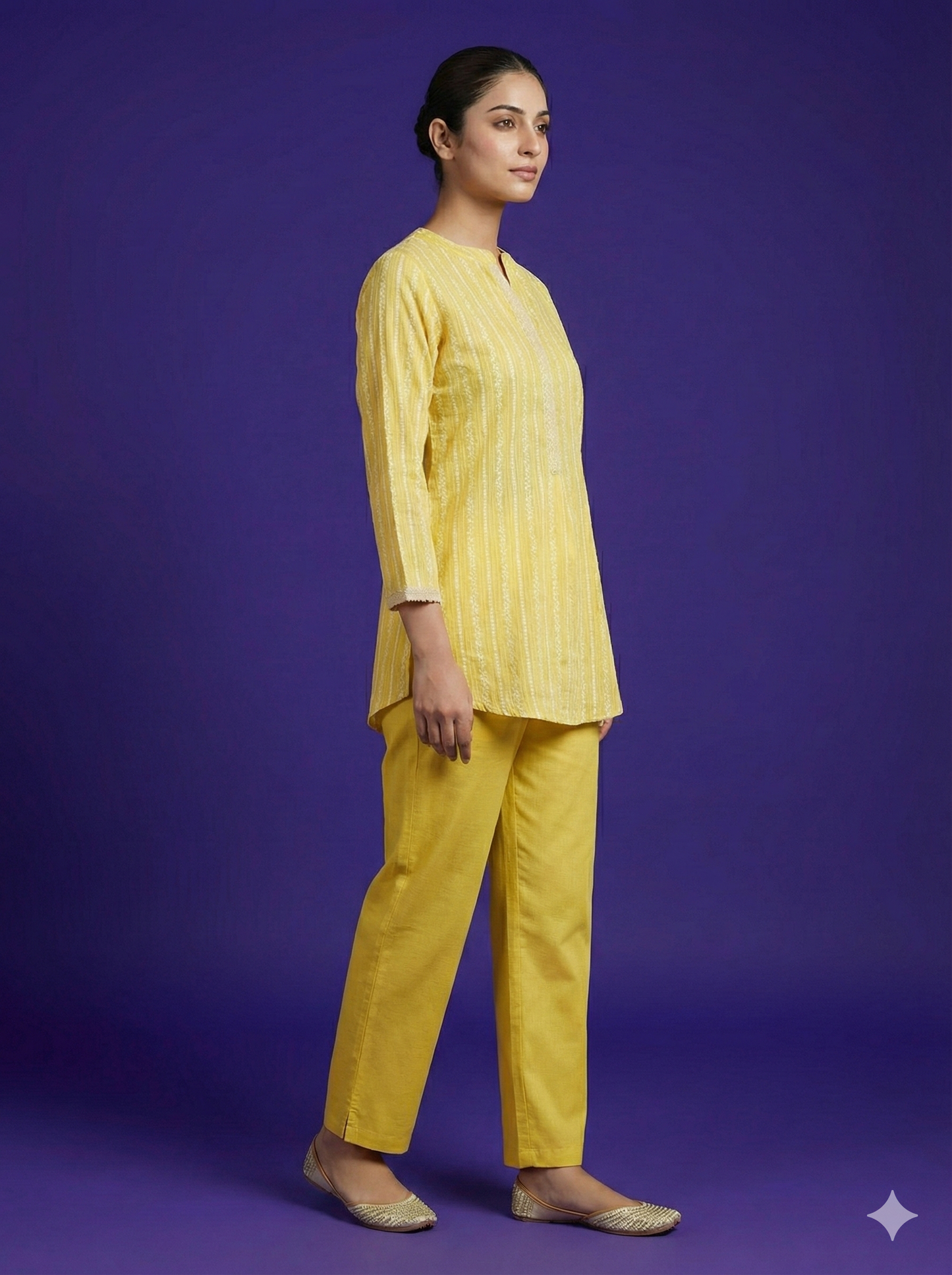 Span Yellow Mandarin Cotton Short Kurta