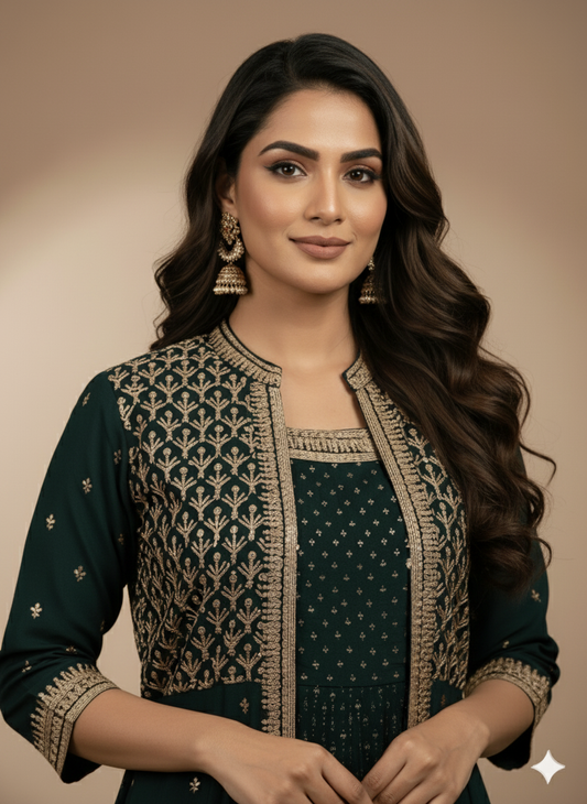 Span Green Round Neck Silk 2 PCS Set