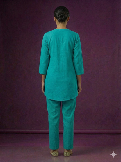 Span Blue Mandarin Cotton Short Kurta