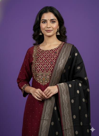 Burgundy Round Neck Cotton Kurta Set with Dupatta