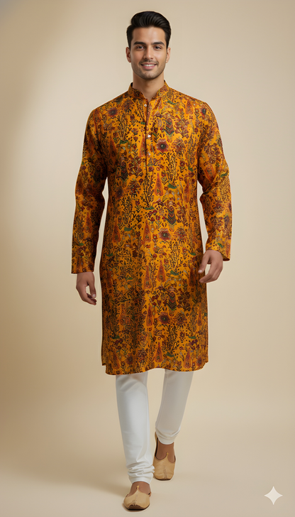 Yellow Mandarin Neck Silk Kurta