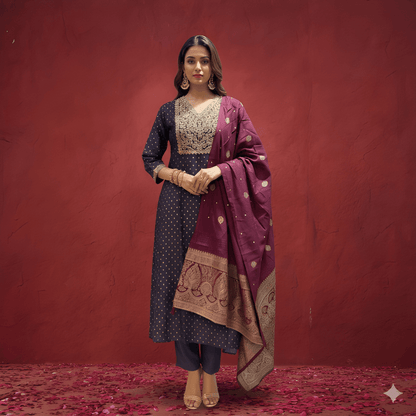 Purple V Neck Silk Kurta Set with Dupatta