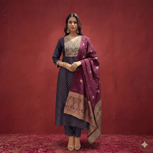 Purple V Neck Silk Kurta Set with Dupatta