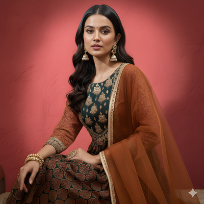 Brown Round Neck Silk Kurta Set with Dupatta