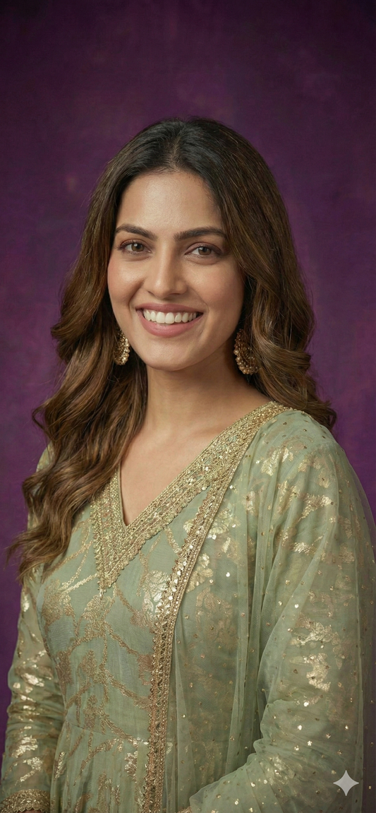 Green V-Neck Viscose Kurta Set with Dupatta