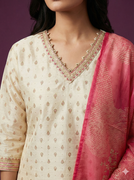 Ivory V-Neck Silk Kurta Set with Dupatta