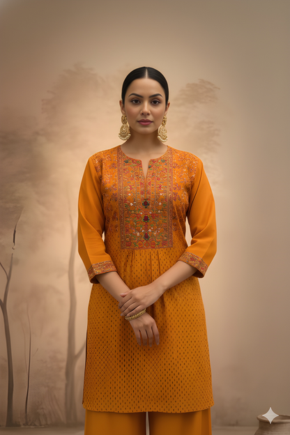 Orange Round Neck Rayon Short Kurta