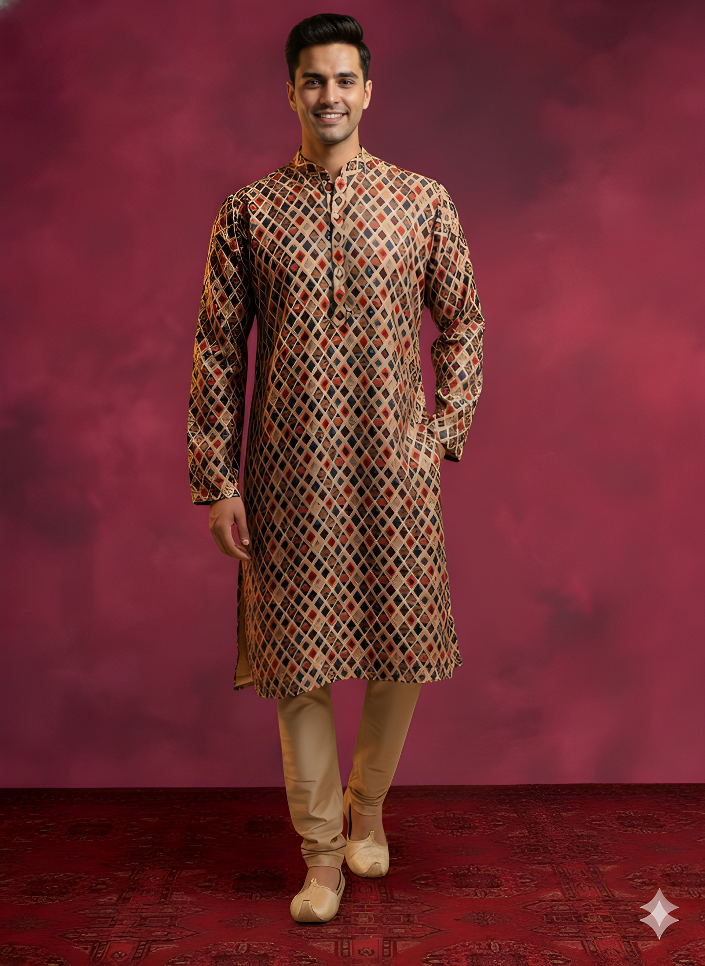 Beige Mandarin Neck Silk Kurta