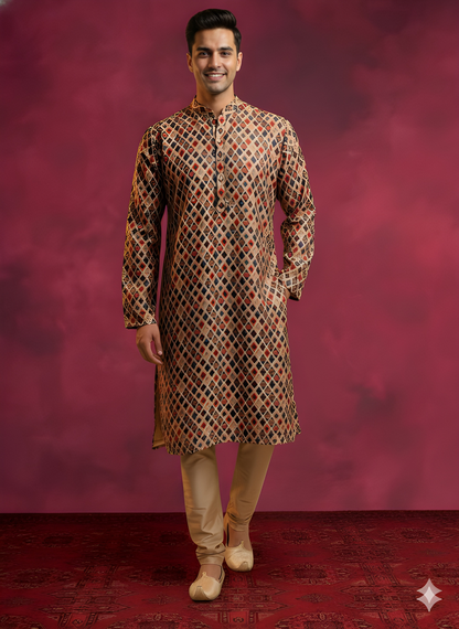 Beige Mandarin Neck Silk Kurta