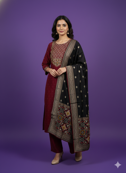 Burgundy Round Neck Cotton Kurta Set with Dupatta
