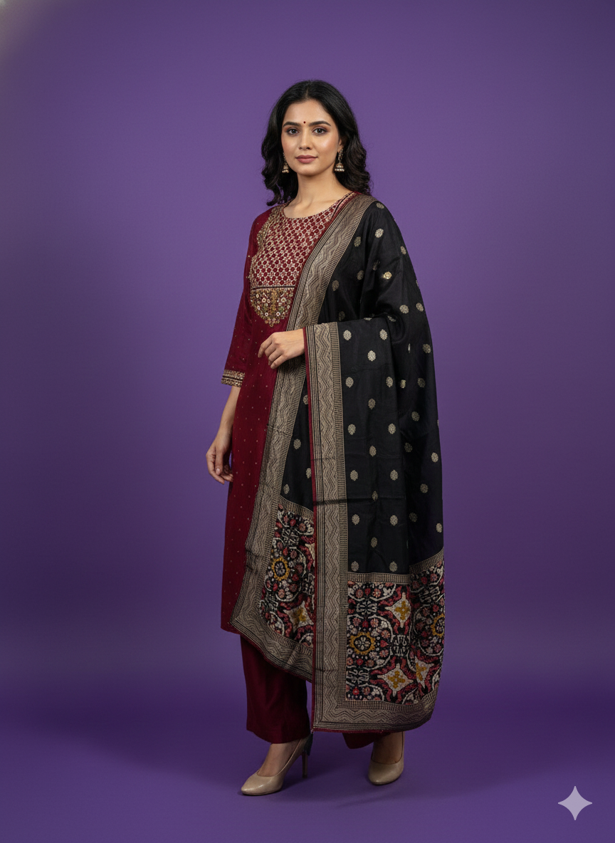 Burgundy Round Neck Cotton Kurta Set with Dupatta