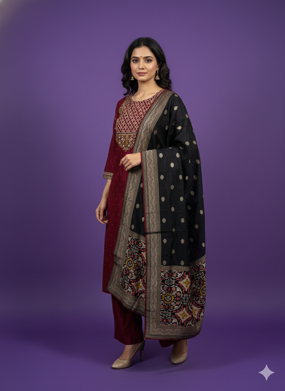 Burgundy Round Neck Cotton Kurta Set with Dupatta