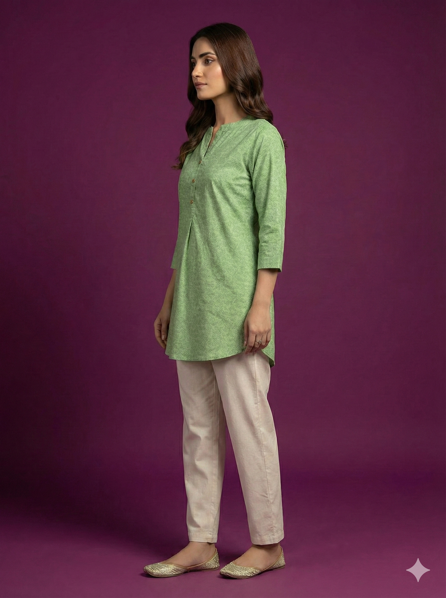 Span Green Mandarin Cotton Short Kurta