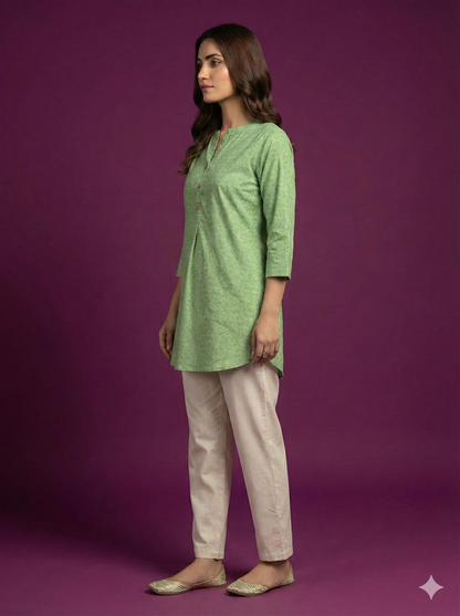 Span Green Mandarin Cotton Short Kurta