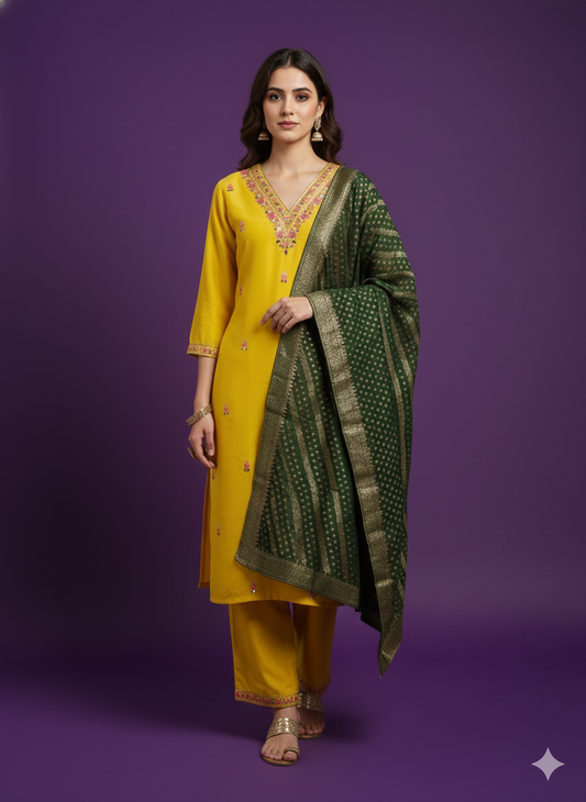 Yellow V-Neck Silk Kurta Set with Dupatta