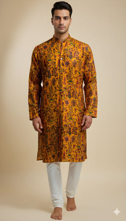 Yellow Mandarin Neck Silk Kurta