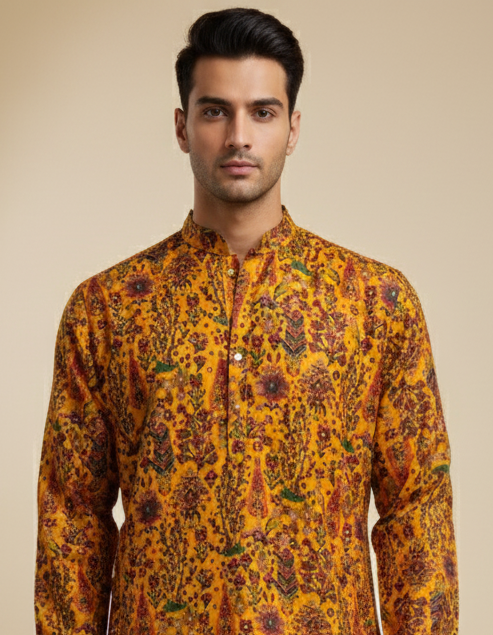 Yellow Mandarin Neck Silk Kurta